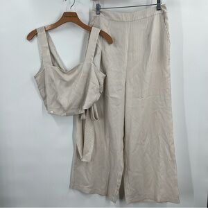 Vetta Taupe Striped 2 Piece Apron Jumpsuit Set